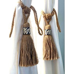 Curtain Tie Back Zebra Print Jute Hemp Tassels/Set of 2/Rustic